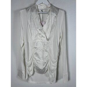 CAbi #574 Women White Long Sleeve Ruched Surplice Boss Tee Top Blouse XL New $89